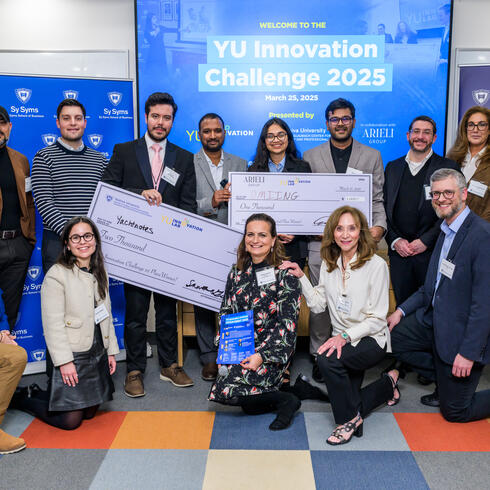 "Clockwise from top left, Or Haviv, partner at Arieli Group; Elijah Glaubach; Ruben Mena; Shiva Kumar Arugonda; Dwani Patel; Altaf Ahmed; Evan Renov; Tracy Harmon Blumenfeld; Dr. Tamar Avnet; Avi Rosenbaum; Lorraine Marchand, Innovation Challenge Advisor; Natasha Srulowitz; Amanda Glaubach; and Moshe Bellows."